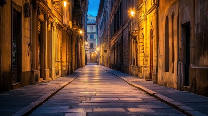 Fototapeta premium Illuminated Venetian alleyway in Italy at dusk, evoking historical charm