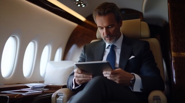 Businessman in Private Jet Reading on Tablet