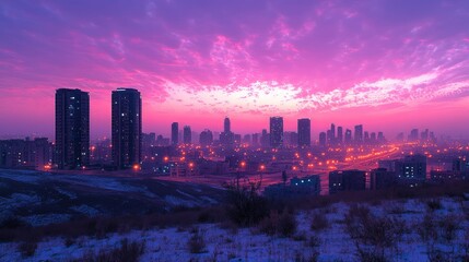 Fototapeta premium Vibrant pink sunrise over a snow-dusted city skyline.