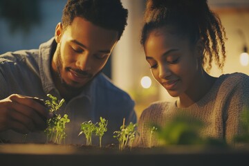 Young couple tenderly tending to seedlings, nurturing growth and shared dreams in soft evening light.
