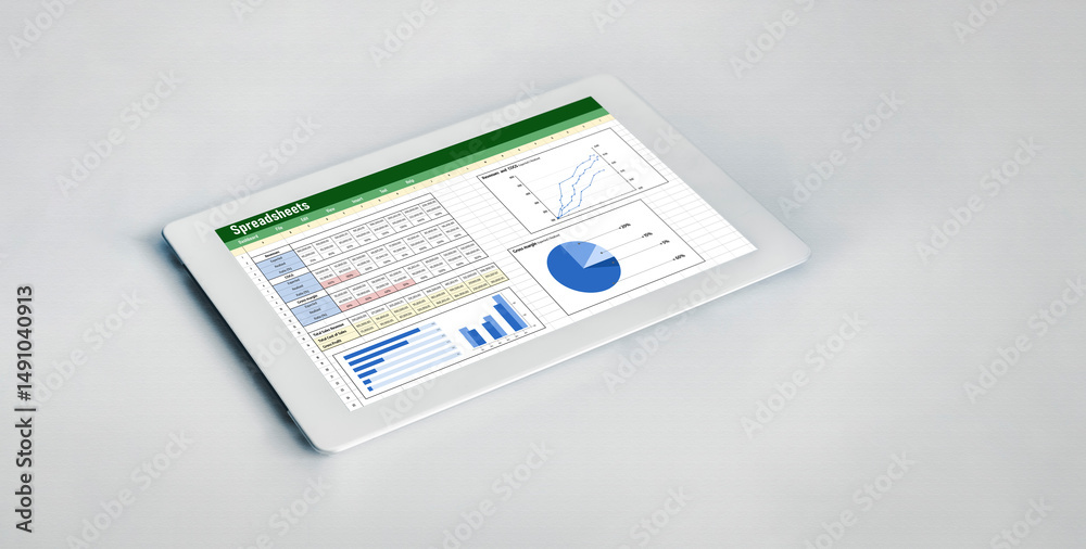 Poster spreadsheet document information financial startup concept. data and graphs in spreadsheet documents