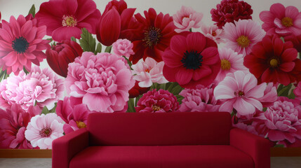 A vibrant red sofa sits against a wall adorned with an extravagant floral mural featu red, pink, and white flowers in full bloom, filling the space with color.
