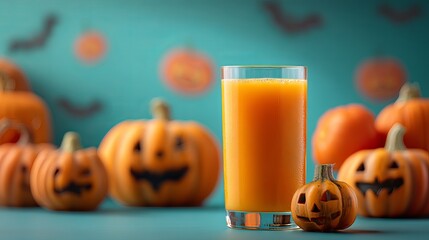 Delicious Pumpkin Juice Halloween Drink Festive Autumn Season Cozy Atmosphere Spooky Pumpkins Cute Jack O Lantern Faces Teal      