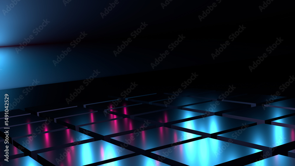 Poster dark abstract background with 3d cube, neon, light lines