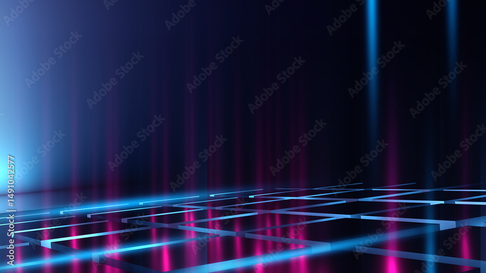 Poster dark abstract background with 3d cube, neon, light lines