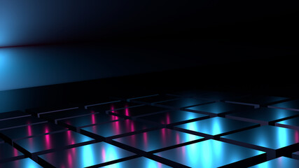 Dark abstract background with 3d cube, neon, light lines