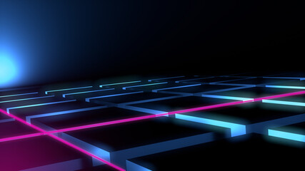 Dark abstract background with 3d cube, neon, light lines