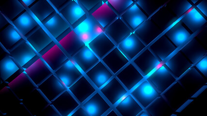Dark abstract background with 3d cube, neon, light lines