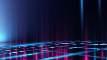 Dark abstract background with 3d cube, neon, light lines