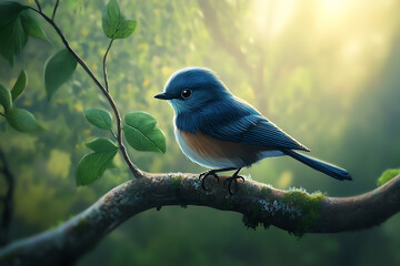 Obraz premium A small blue bird perched on a branch in a forest with sunlight streaming through the trees behind it