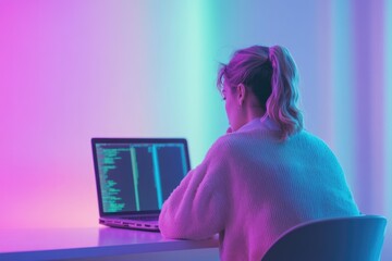 Woman coding on a laptop, bathed in neon lights, creating a futuristic and focused atmosphere for software development.