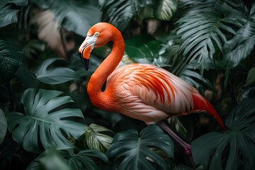 Fototapeta premium Majestic Flamingo Amidst Lush Green Monstera Leaves - Tropical Wildlife Aesthetic for Nature Posters