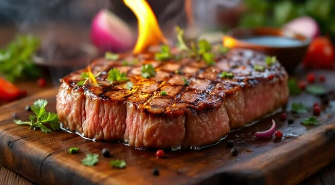 Close-up of a grilled steak, glistening with juices, resting on a rustic wooden cutting board Perfectly seared steak, sizzling on a wooden board, ready to be enjoyed.