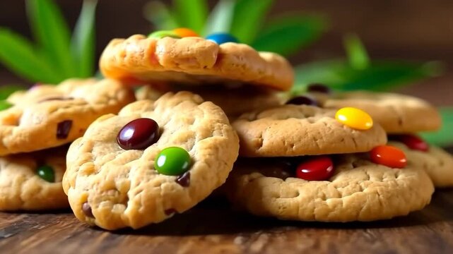 Cannabis cookies with colorful candy and marijuana leaves resting on wooden table