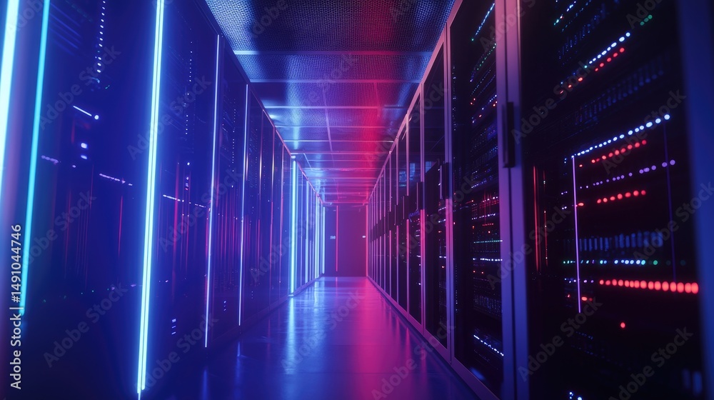 Poster high-tech data center corridor with intense neon blue and red lights, modern server racks, ideal for