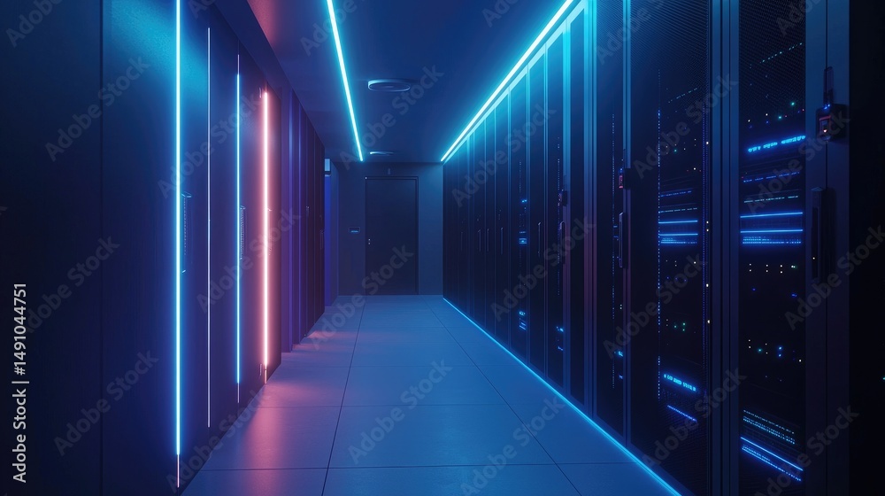 Aufkleber dark data center hallway with blue and magenta led lighting and modern server enclosures, great for 