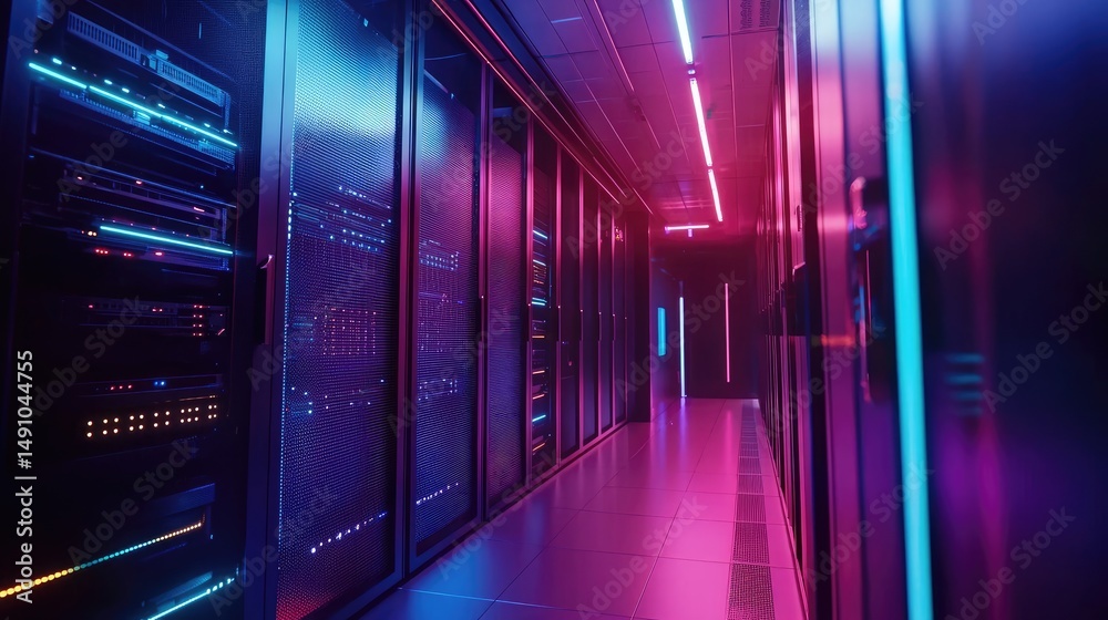 Poster vibrant data center corridor illuminated with magenta and blue lighting, featuring modern server rac