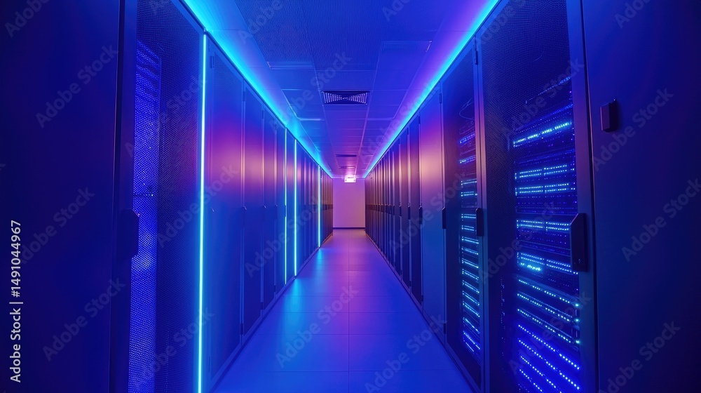 Poster symmetrical modern data center with glowing blue and purple lighting, showing secure server racks, p