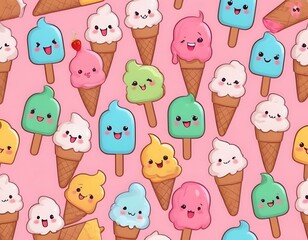 Cute Kawaii Ice Cream and Popsicle Pattern on Pink Background