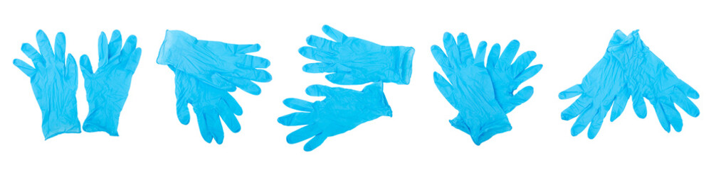 Medical nitrile gloves isolated on white background. Surgical latex gloves. Rubber gloves production. Doctor or nurse putting on protective gloves. Medicine concept. Sterility, protection.