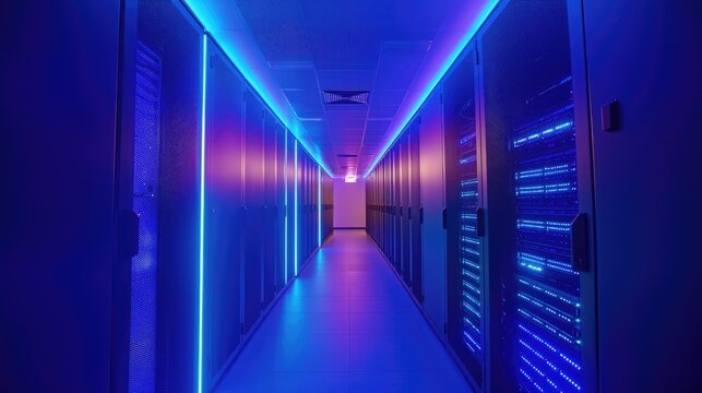 Symmetrical modern data center with glowing blue and purple lighting, showing secure server racks, perfect for cloud computing, cybersecurity, and digital technology topics