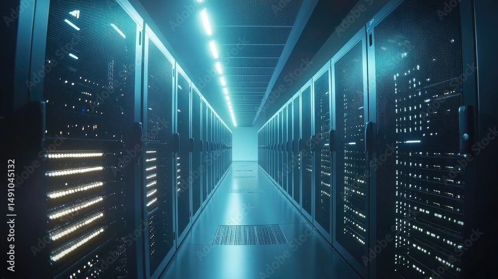 Poster brightly lit data center hallway with blue ambient lighting and mesh-covered server racks, ideal for