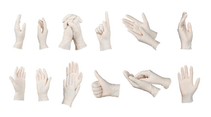 Medical nitrile gloves isolated on white background. Surgical latex gloves. Rubber gloves production. Doctor or nurse putting on protective gloves. Medicine concept. Sterility, protection.