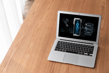 Medical science technology and futuristic healthcare virtual computer software analyze human health...