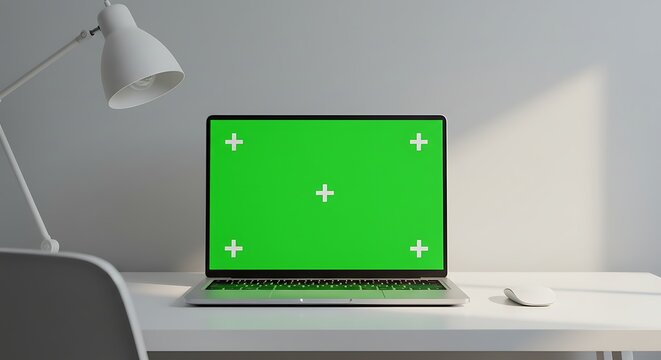 Laptop mockup with green screen on desk