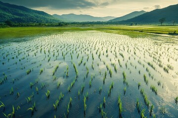 Rice paddy field with young green plants under a cloudy sky and mountains in the background, reflecting in the water.