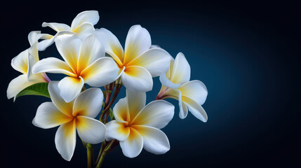 Naklejka premium A beautiful cluster of white and yellow plumeria flowers is artistically displayed against a dark blue backdrop, showcasing nature's delicate floral artistry.