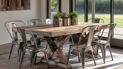 Obraz premium Rustic wooden dining table with metal chairs in a modern home.