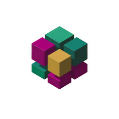 Obraz premium Isometric arrangement shows multiple stacked cubes of purple, yellow, and green on transparent background