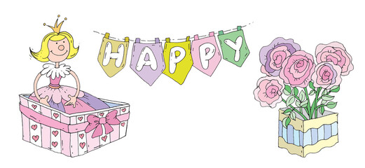 Little princess sitting inside gift box, surrounded by pastel roses, colorful &ldquo;Happy&rdquo; banner. Birthday cards, nursery posters, children's invitations, celebration products, joyful party decorations