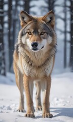 Naklejka premium A lone Eurasian wolf in deep snow, winter scene, snow covered trees, predator, grey wolf