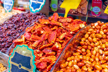 Assorted dried fruits for sale at a shop in the market