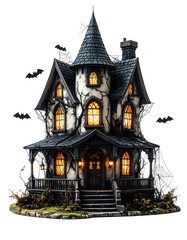 Spooky illustration of a gothic haunted house with glowing windows on transparent background. Features a dark, detailed structure with bats, fog, and an eerie atmosphere.
