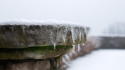 Icicles hang precariously from a stone ledge, partially covered in fresh snow, creating a serene winter scene on an overcast, foggy day outdoors in nature.