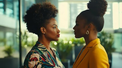 Two women facing each other in professional attire.
