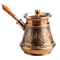 HandCrafted Turkish Coffee Pot  Copper Cezve with Wooden Handle  Engraved Brass Design  Authentic Coffee Maker isolated on transparent background