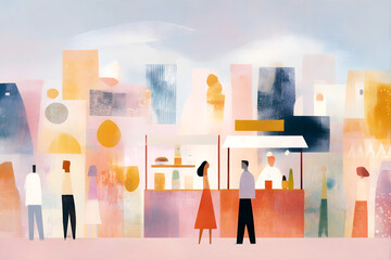 Abstract illustration of people gathering at market stall in a colorful urban setting with geometric buildings and soft pastel tones