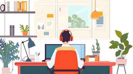 Person with headphones at desk with computer and plants in a bright and modern office space area