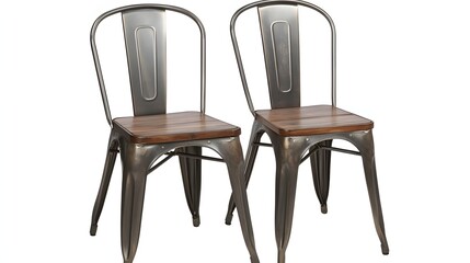 Two rustic metal dining chairs with wooden seats.
