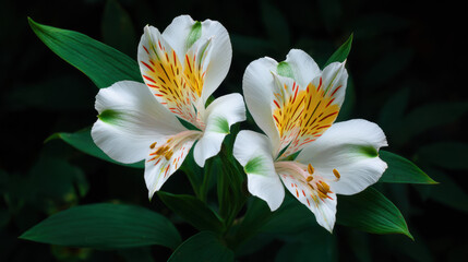 Two elegant white alstroemeria flowers with yellow and red accents bloom amidst lush green foliage against a dark, contrasting background in a studio setting.
