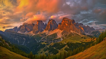 Dramatic sunset over Alpine peaks.  Vast mountain range bathed in warm hues of orange and pink, with dramatic clouds.  Rolling hills and forests at foothills