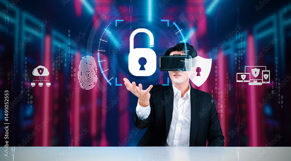 Poster businessman with goggles working while using security protection. manager with formal suit checking 