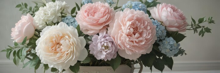 Soft pastel artificial blooms; roses, peonies, hydrangeas in a vintage arrangement , pastel, vintage floral, party