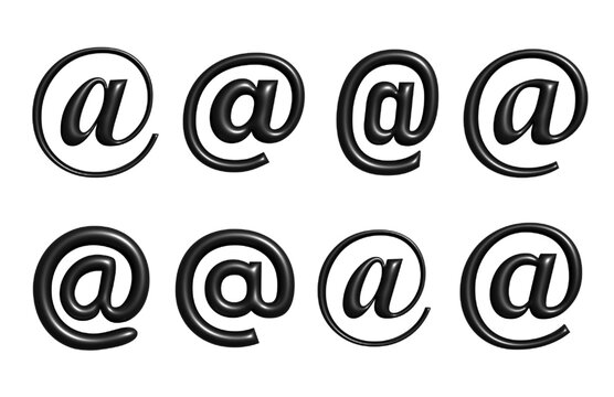 Set of 3D Glossy Black and White At the Rate (@) Icons with Transparent Background