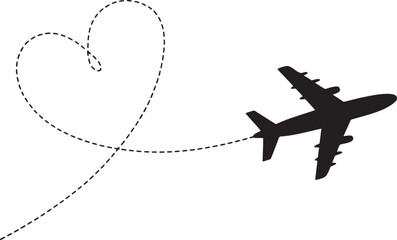 Airplane romantic heart shaped line path silhouette vector illustration isolated On Transparent Background