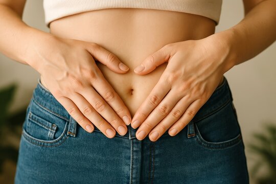 Woman practicing gut health massage with hands on abdomen for wellness and relaxation. concept of holistic health, body care, well-being, self-care routine